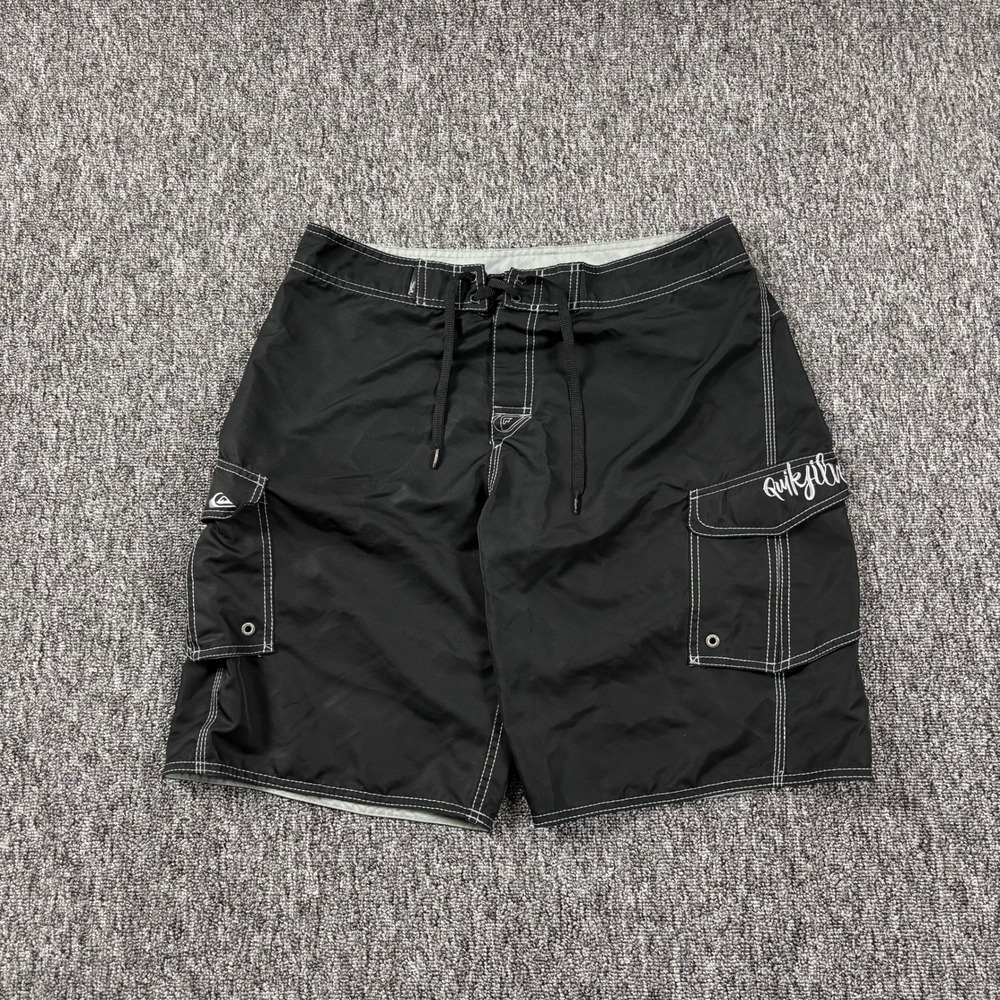 Vintage Y2K Surf Baggy Quiksilver Embroidered Cargo Board Shorts Black Size 34